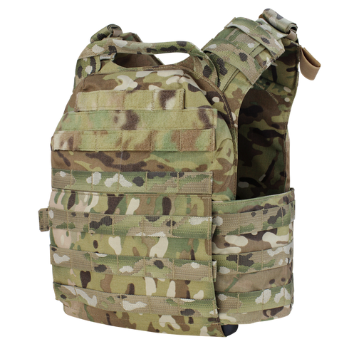 The Condor Cyclone Plate Carrier in MultiCam features multiple attachment points and adjustable shoulder straps, designed for military or law enforcement use.