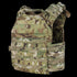 The Condor Cyclone Plate Carrier in MultiCam features multiple attachment points and adjustable shoulder straps, designed for military or law enforcement use.