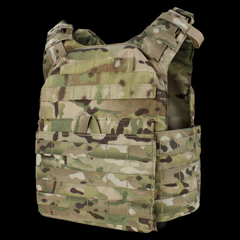 The Condor Cyclone Plate Carrier in MultiCam features adjustable shoulder straps and multiple attachment points, designed for carrying gear and armor plates.