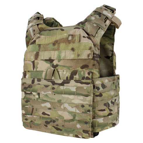 The Condor Cyclone Plate Carrier in MultiCam features adjustable shoulder straps and multiple attachment points, designed for carrying gear and armor plates.