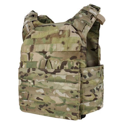The Condor Cyclone Plate Carrier in MultiCam features adjustable shoulder straps and multiple attachment points, designed for carrying gear and armor plates.