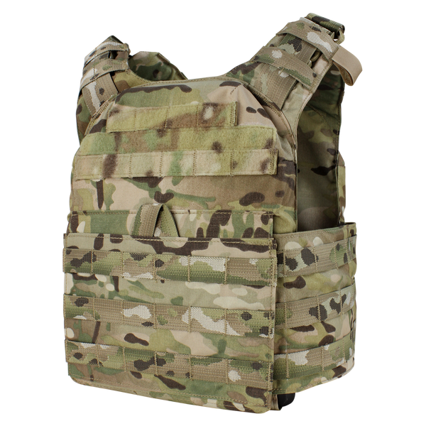 The Condor Cyclone Plate Carrier in MultiCam features adjustable shoulder straps and multiple attachment points, designed for carrying gear and armor plates.