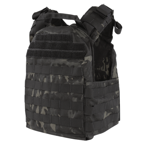 The Condor Cyclone Plate Carrier in MultiCam Black features multiple attachment points and adjustable shoulder straps, offering secure gear carriage and protection.