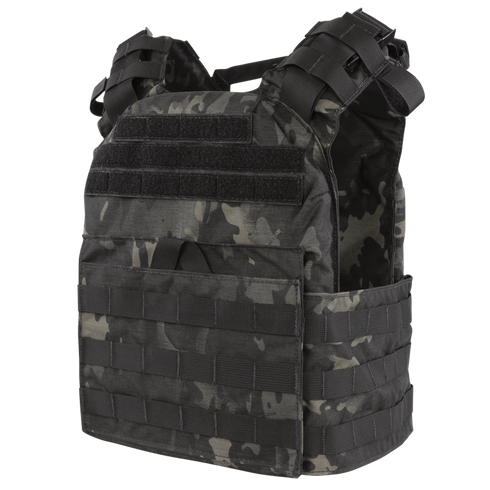 The Condor Cyclone Plate Carrier in MultiCam Black features multiple straps, pouches, and Velcro panels, designed for efficiently carrying equipment.