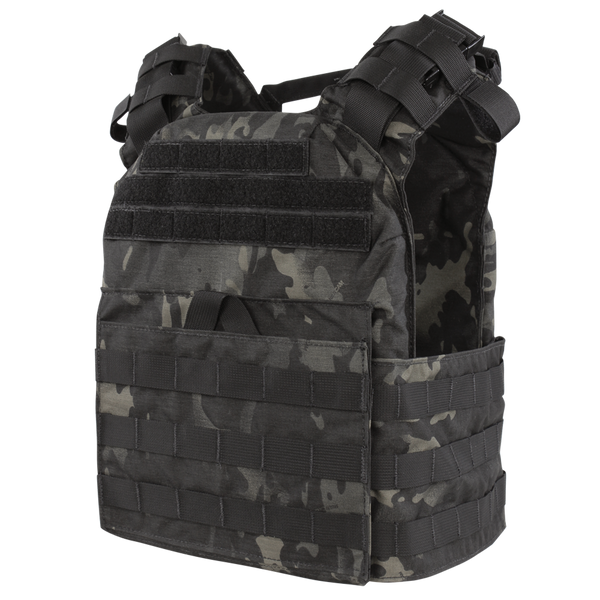 The Condor Cyclone Plate Carrier in MultiCam Black features multiple straps, pouches, and Velcro panels, designed for efficiently carrying equipment.