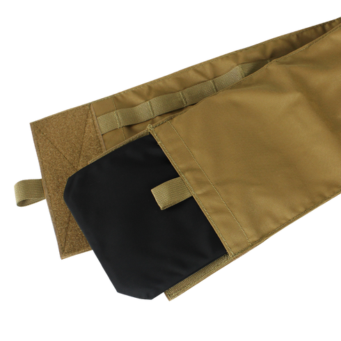 A close-up of the Condor Cyclone Plate Carrier in MultiCam shows a tan fabric sleeve with a hook-and-loop closure, partially revealing a black rectangular plate—perfect for military or first responder use.