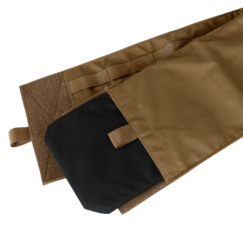 The Condor Cyclone Plate Carrier is a brown fabric sleeve with a black protective insert partially exposed, featuring loops and a hook-and-loop closure.