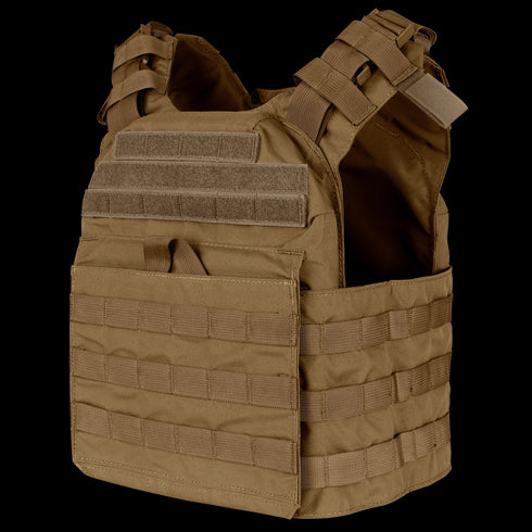 The Condor Cyclone Plate Carrier is a brown tactical vest with MOLLE webbing and Velcro patches, designed to hold armor plates and support modular gear attachments.