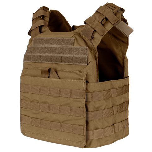 The Condor Cyclone Plate Carrier is a brown tactical vest with MOLLE webbing and Velcro patches, designed to hold armor plates and support modular gear attachments.