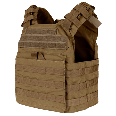 The Condor Cyclone Plate Carrier is a brown tactical vest with MOLLE webbing and Velcro patches, designed to hold armor plates and support modular gear attachments.