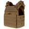 The Condor Cyclone Plate Carrier is a brown tactical vest with MOLLE webbing and Velcro patches, designed to hold armor plates and support modular gear attachments.