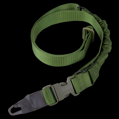 The Condor Viper Single Point Bungee Sling is a green adjustable nylon strap with a plastic buckle and metal attachment, ideal for military or law enforcement use.