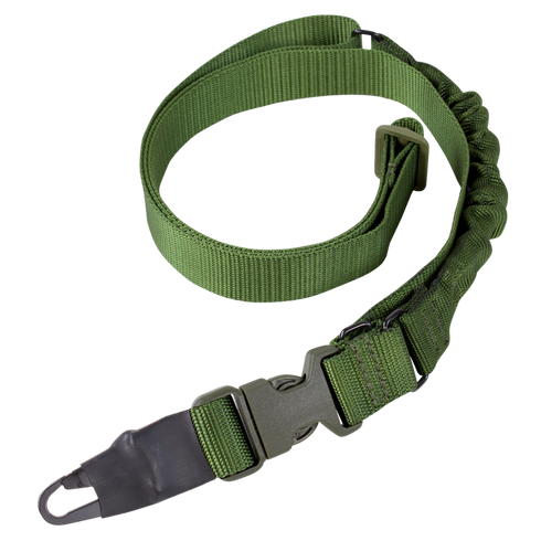 The Condor Viper Single Point Bungee Sling is a green adjustable nylon strap with a plastic buckle and metal attachment, ideal for military or law enforcement use.