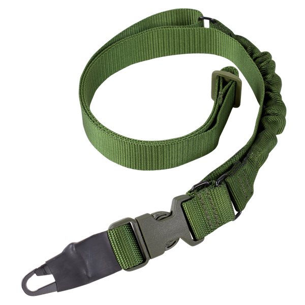 The Condor Viper Single Point Bungee Sling is a green adjustable nylon strap with a plastic buckle and metal attachment, ideal for military or law enforcement use.