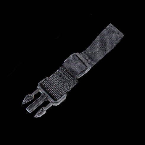 Close-up of two black plastic side-release buckle ends attached to black nylon straps on a white background, part of the Condor Viper Single Point Bungee Sling.