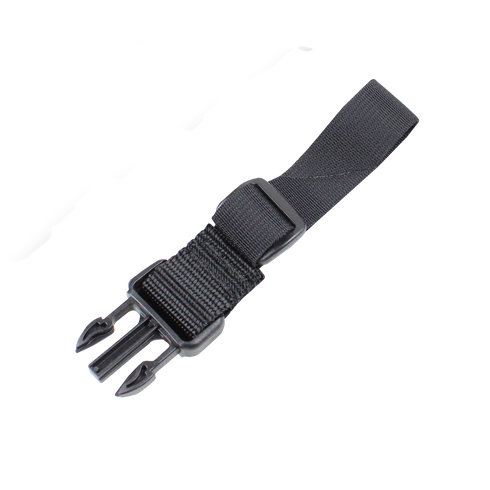 Close-up of two black plastic side-release buckle ends attached to black nylon straps on a white background, part of the Condor Viper Single Point Bungee Sling.