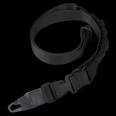 The Condor Viper Single Point Bungee Sling is a black adjustable nylon strap with a plastic buckle and metal clip, ideal for carrying equipment—perfect for law enforcement or first responder use.