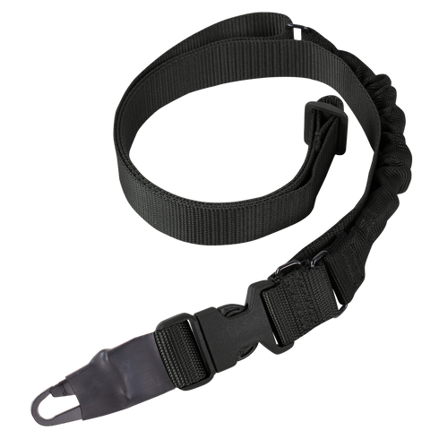 The Condor Viper Single Point Bungee Sling is a black adjustable nylon strap with a plastic buckle and metal clip, ideal for carrying equipment—perfect for law enforcement or first responder use.