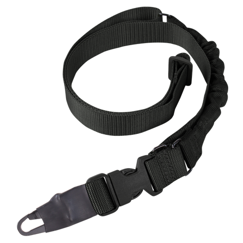 The Condor Viper Single Point Bungee Sling is a black adjustable nylon strap with a plastic buckle and metal clip, ideal for carrying equipment—perfect for law enforcement or first responder use.