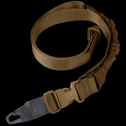 The Condor Viper Single Point Bungee Sling is a brown nylon rifle sling with a metal clip and adjustable buckle, perfect for military use or carrying your firearm at the range.