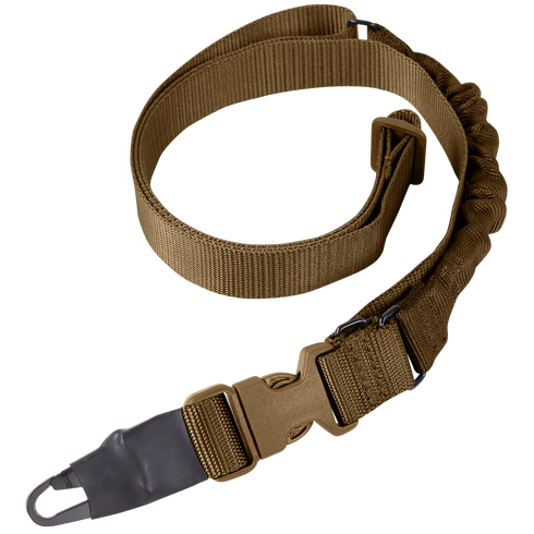The Condor Viper Single Point Bungee Sling is a brown nylon rifle sling with a metal clip and adjustable buckle, perfect for military use or carrying your firearm at the range.