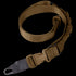 The Condor Viper Single Point Bungee Sling is a brown nylon rifle sling with a metal clip and adjustable buckle, perfect for military use or carrying your firearm at the range.