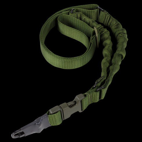 The Condor Adder Double Bungee 1-Point Sling is a green tactical nylon sling with a plastic buckle, metal clip, adjustable straps, and elastic bungee sections for flexibility.