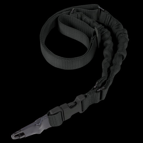 The Condor Adder Double Bungee 1-Point Sling is a black adjustable tactical sling with padded sections, buckles, and clips, designed for comfortable equipment carrying.
