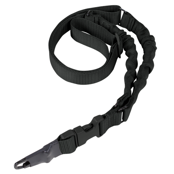 The Condor Adder Double Bungee 1-Point Sling is a black adjustable tactical sling with padded sections, buckles, and clips, designed for comfortable equipment carrying.