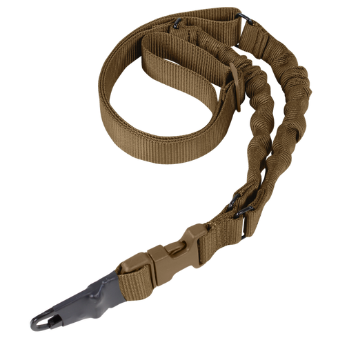 The Condor Adder Double Bungee 1-Point Sling is a tan tactical rifle sling featuring bungee sections, a metal clip, and a plastic quick-release buckle, shown coiled in an S-shape.