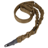 The Condor Adder Double Bungee 1-Point Sling is a tan tactical rifle sling featuring bungee sections, a metal clip, and a plastic quick-release buckle, shown coiled in an S-shape.