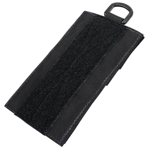 The Condor TSRS Shotshell Platform is a black rectangular fabric patch featuring a vertical hook-and-loop strip and a metal D-ring, designed for secure shotshell storage in tactical law enforcement or military environments.