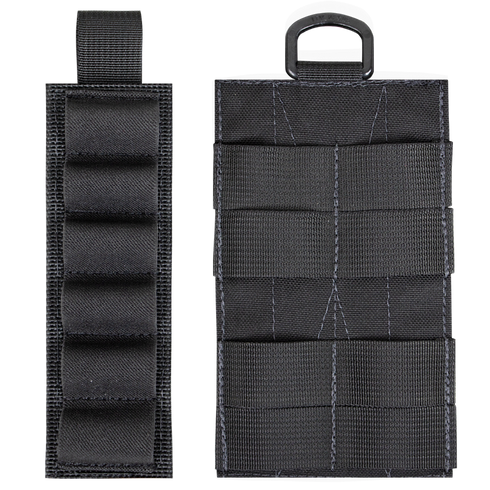 The Condor TSRS Shotshell Platform includes two black nylon tactical pouches—one with five elastic loops and the other with MOLLE webbing and a metal D-ring—ideal for shooting ranges or first responders.