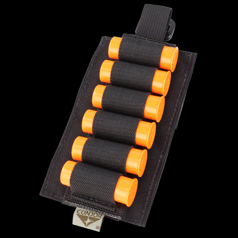 The Condor TSRS Shotshell Platform holds six orange shells in secure elastic loops—a black tactical holder ideal for EDC or range days.