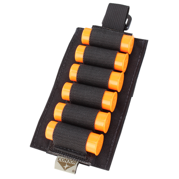 The Condor TSRS Shotshell Platform holds six orange shells in secure elastic loops—a black tactical holder ideal for EDC or range days.