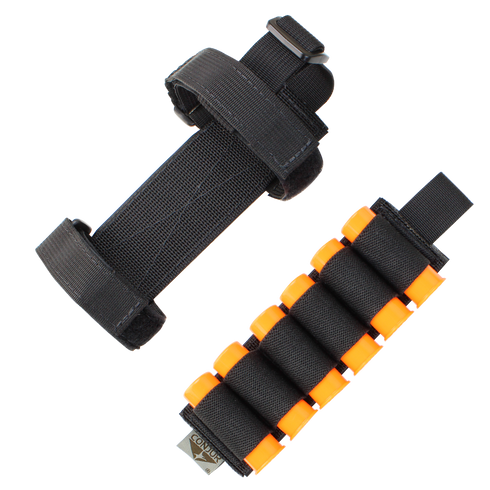 The Condor TSRS Buttstock Shell Platform includes two black nylon straps with hook-and-loop fasteners: one plain, and one featuring elastic loops that hold eight orange foam darts.