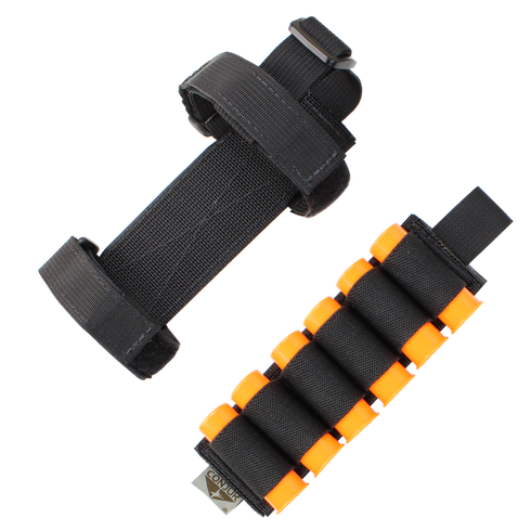 The Condor TSRS Buttstock Shell Platform includes two black nylon straps with hook-and-loop fasteners: one plain, and one featuring elastic loops that hold eight orange foam darts.