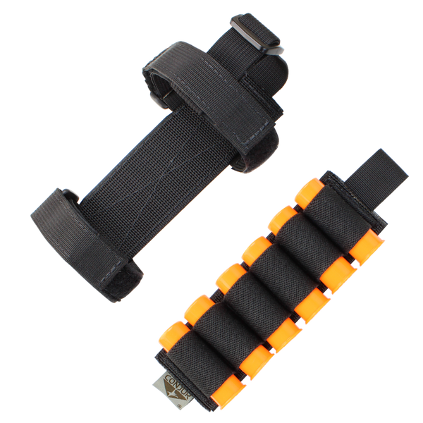 The Condor TSRS Buttstock Shell Platform includes two black nylon straps with hook-and-loop fasteners: one plain, and one featuring elastic loops that hold eight orange foam darts.