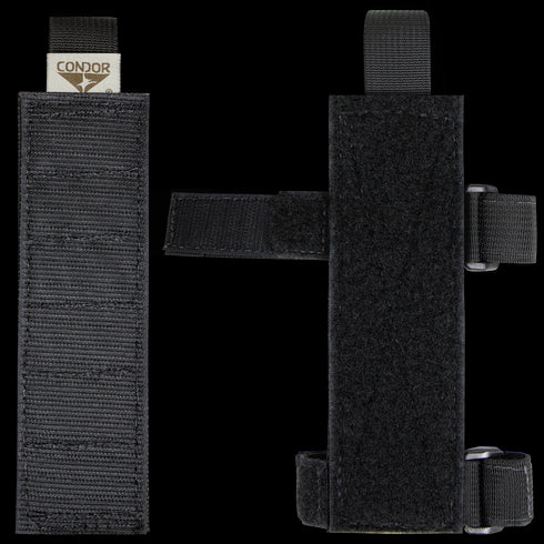 The Condor TSRS Buttstock Shell Platform features two black nylon straps with hook-and-loop fasteners and elastic loops, ideal for securing or attaching gear.
