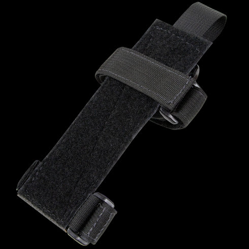 The Condor TSRS Buttstock Shell Platform is a black nylon strap with hook-and-loop fasteners, adjustable loops, and reinforced stitching, designed for securing or attaching objects.
