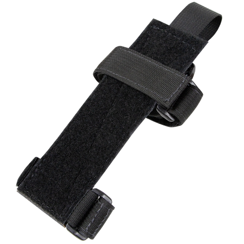 The Condor TSRS Buttstock Shell Platform is a black nylon strap with hook-and-loop fasteners, adjustable loops, and reinforced stitching, designed for securing or attaching objects.