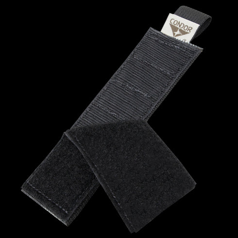 The Condor TSRS Shotshell Strip, a black nylon hook-and-loop strap, is shown partially open on a transparent background—ideal for military use.