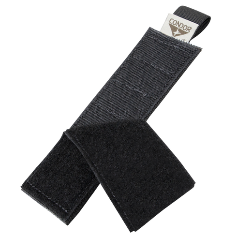 The Condor TSRS Shotshell Strip, a black nylon hook-and-loop strap, is shown partially open on a transparent background—ideal for military use.