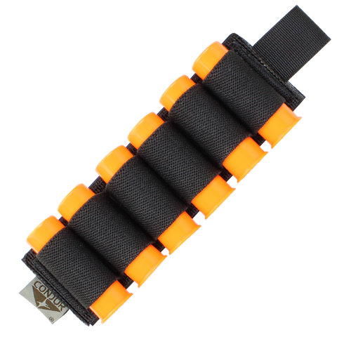 The Condor TSRS Shotshell Strip holds six orange foam darts in secure loops with a Velcro strap, perfect for military drills or realistic first responder training when carrying toy ammunition.
