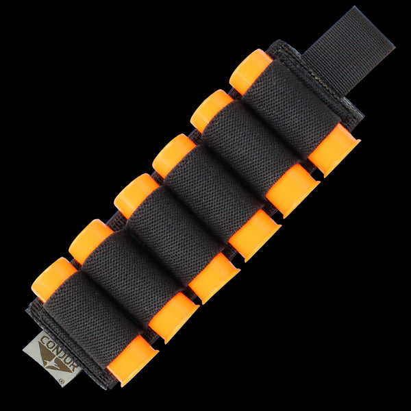The Condor TSRS Shotshell Strip holds six orange foam darts in secure loops with a Velcro strap, perfect for military drills or realistic first responder training when carrying toy ammunition.