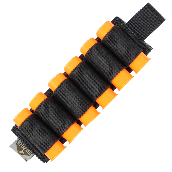 The Condor TSRS Shotshell Strip holds six orange foam darts in secure loops with a Velcro strap, perfect for military drills or realistic first responder training when carrying toy ammunition.