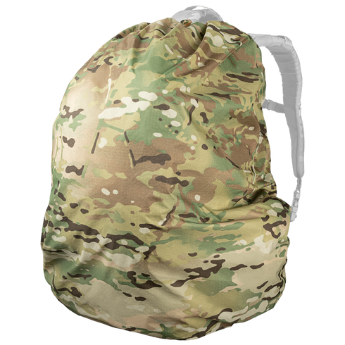 A Condor Raincover 40L in MultiCam camo pattern protecting a backpack, isolated on a white background.