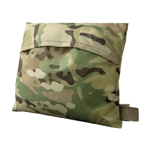 Condor Raincover 40L - MultiCam, a square-shaped pouch featuring a camouflage pattern, front flap, and fabric loop on the side, displayed against a plain white background.