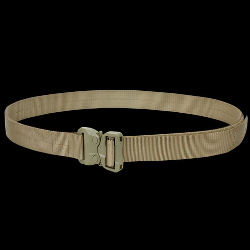 The Condor GT Cobra Belt in tan features durable nylon webbing and a plastic quick-release buckle, shown in a circular arrangement on a transparent background.
