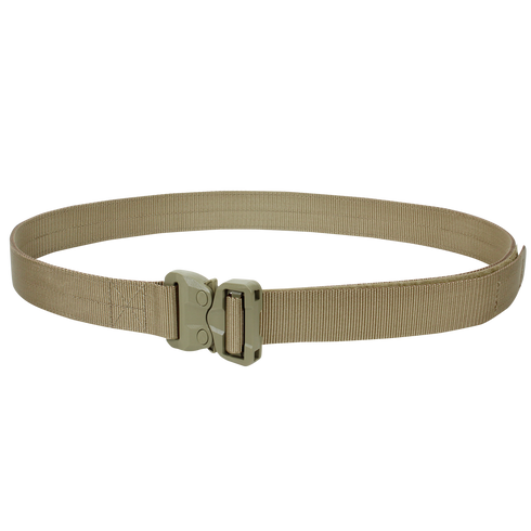 The Condor GT Cobra Belt in tan features durable nylon webbing and a plastic quick-release buckle, shown in a circular arrangement on a transparent background.